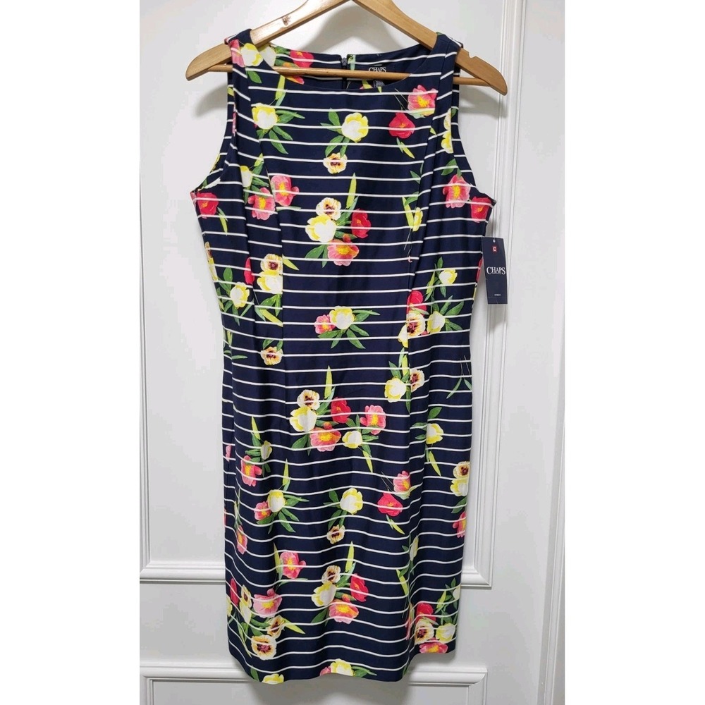 New Chaps Navy Blue Multicolor Floral Sleeveless Pencil Dress Sz 12